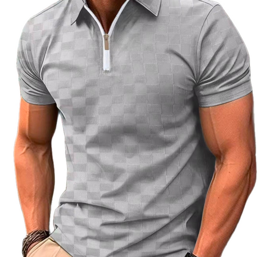 Men's Modern Quarter Zip Chequered Polo Shirt - Grey