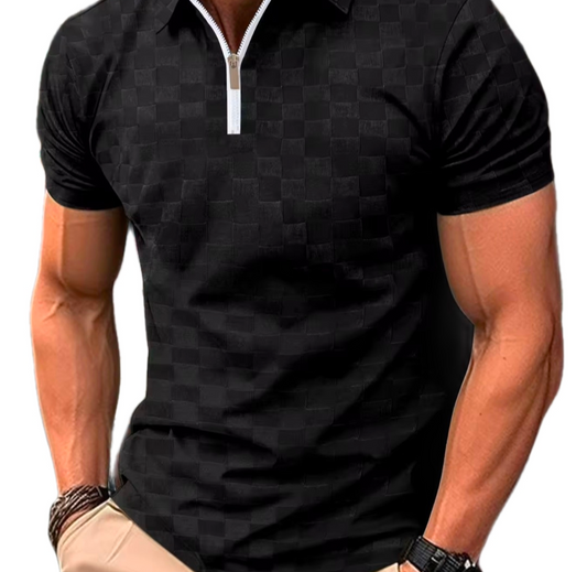 Men's Modern Quarter Zip Chequered Polo Shirt - Black