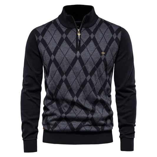 GolfThing Heritage Knit Half Zip Sweater - Patterned Black